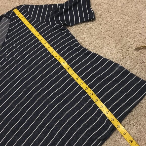 Canadian Rhinestone Collar Half Sleeve Distressed Rayon Striped Top - Picture 15 of 16